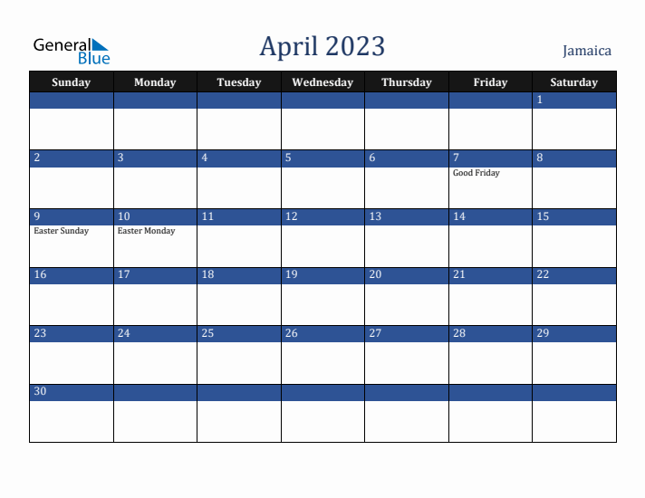 April 2023 Jamaica Calendar (Sunday Start)