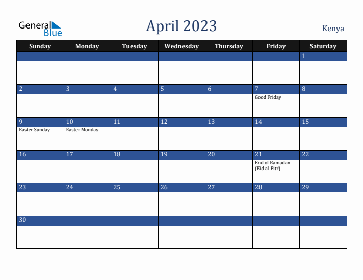 April 2023 Kenya Calendar (Sunday Start)