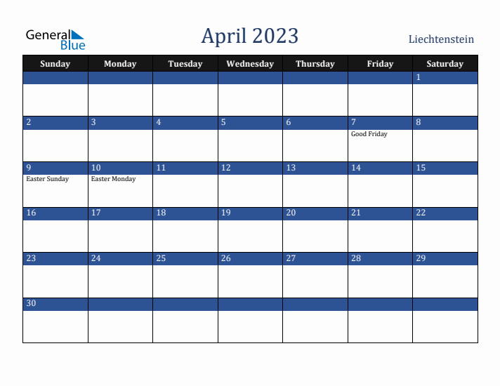 April 2023 Liechtenstein Calendar (Sunday Start)