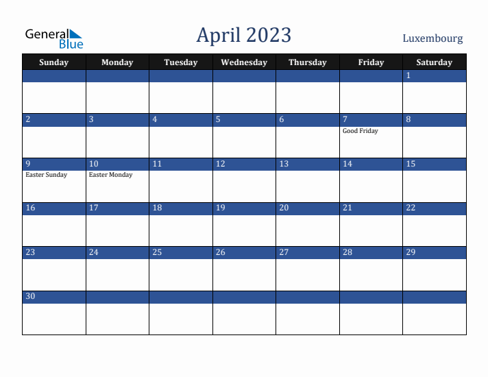 April 2023 Luxembourg Calendar (Sunday Start)