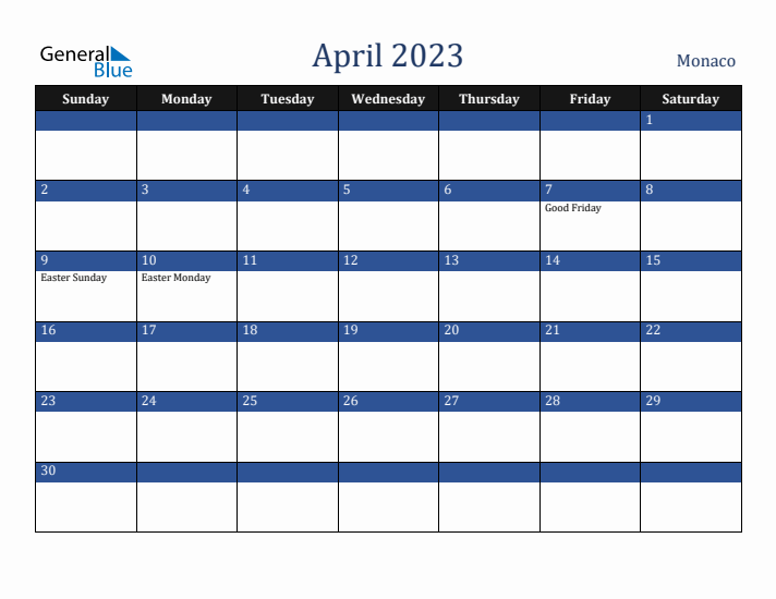 April 2023 Monaco Calendar (Sunday Start)