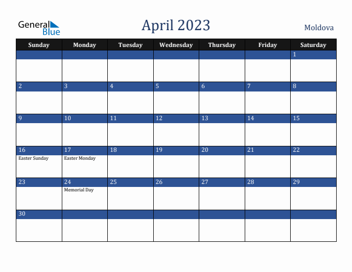 April 2023 Moldova Calendar (Sunday Start)