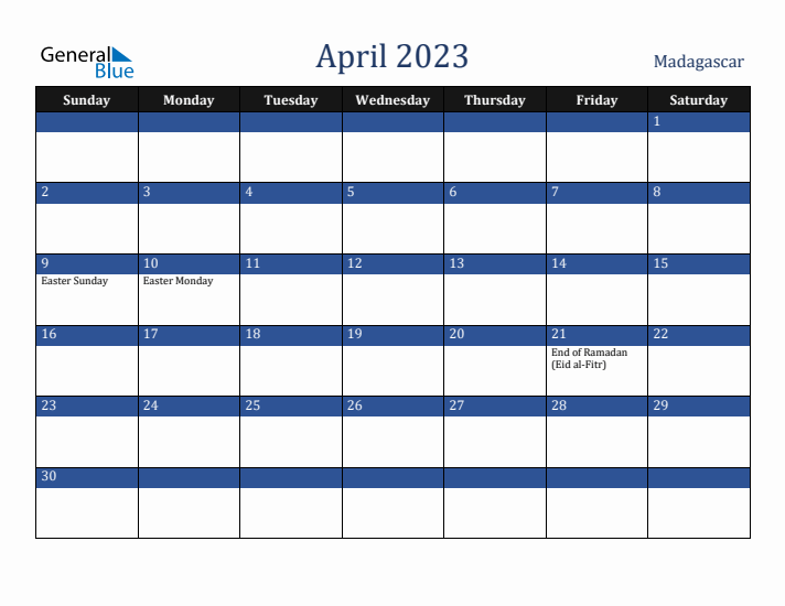April 2023 Madagascar Calendar (Sunday Start)