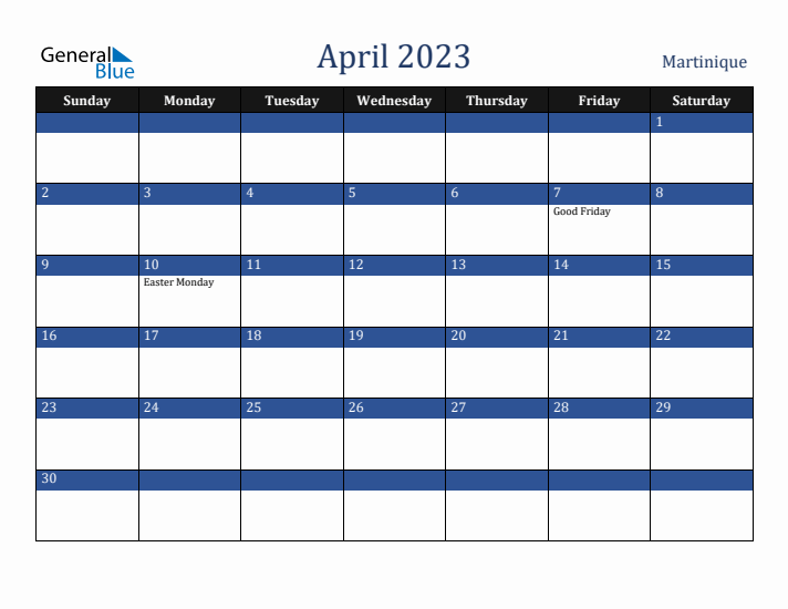 April 2023 Martinique Calendar (Sunday Start)