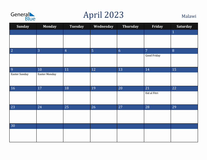 April 2023 Malawi Calendar (Sunday Start)