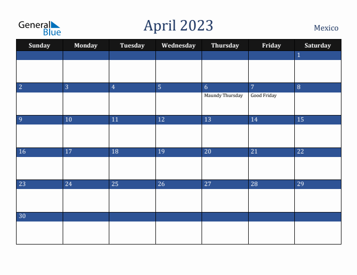 April 2023 Mexico Calendar (Sunday Start)
