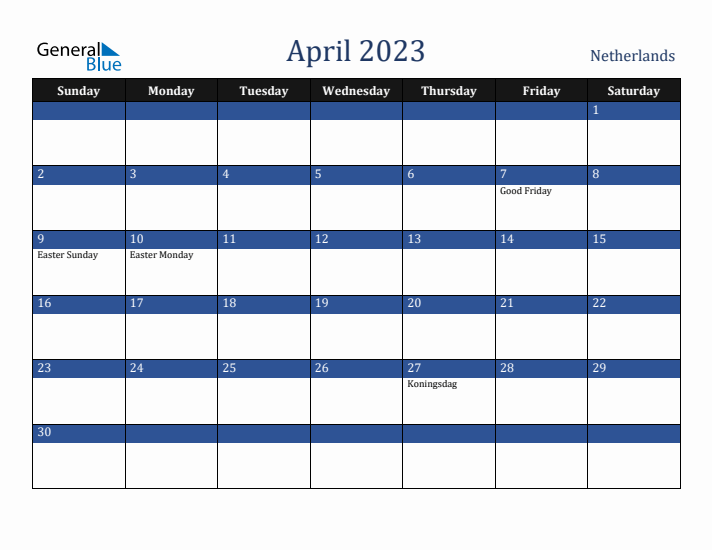 April 2023 The Netherlands Calendar (Sunday Start)