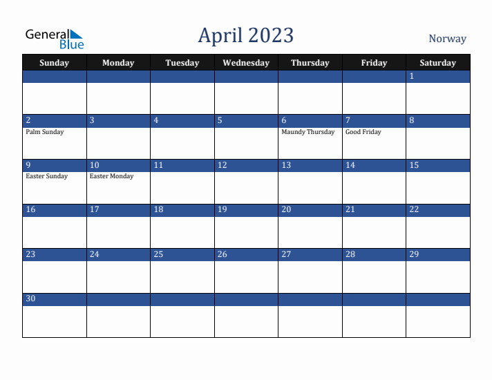 April 2023 Norway Calendar (Sunday Start)