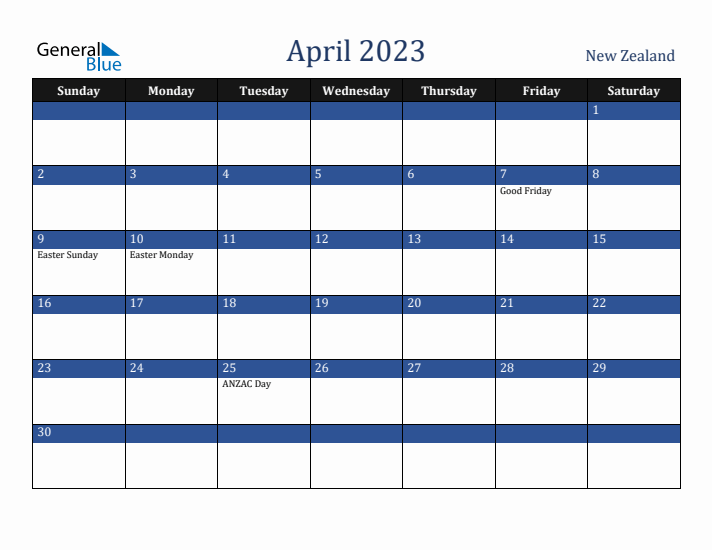 April 2023 New Zealand Calendar (Sunday Start)