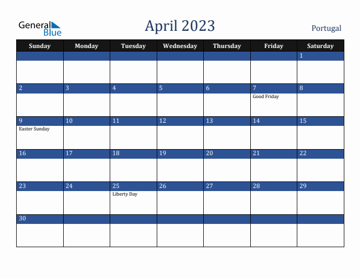 April 2023 Portugal Calendar (Sunday Start)