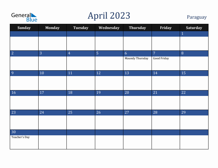 April 2023 Paraguay Calendar (Sunday Start)