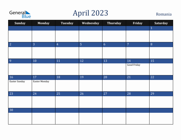 April 2023 Romania Calendar (Sunday Start)
