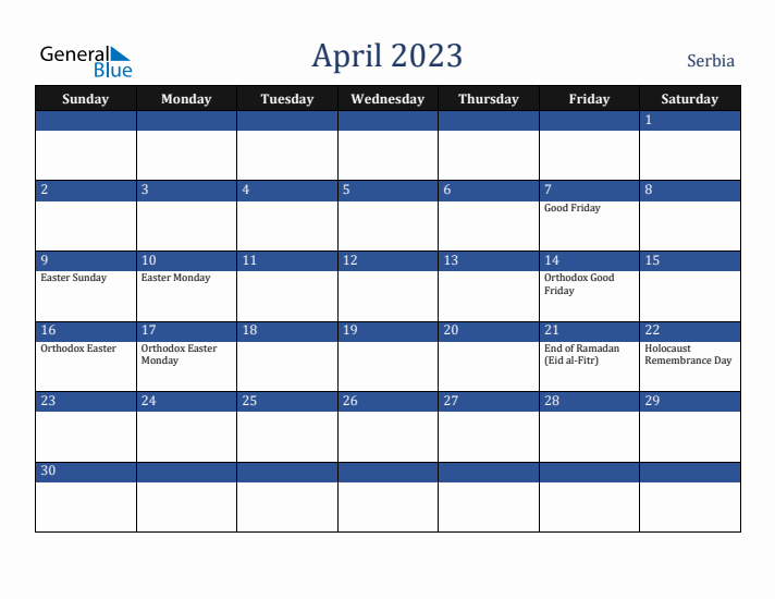 April 2023 Serbia Calendar (Sunday Start)