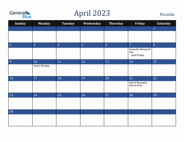 April 2023 Rwanda Calendar (Sunday Start)