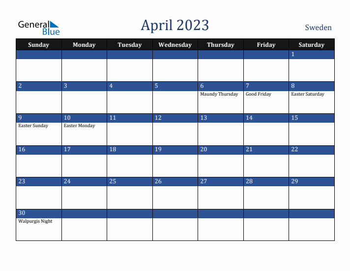 April 2023 Sweden Calendar (Sunday Start)