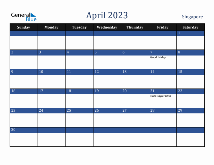 April 2023 Singapore Calendar (Sunday Start)
