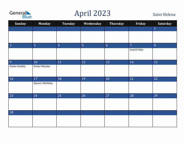 April 2023 Saint Helena Calendar (Sunday Start)