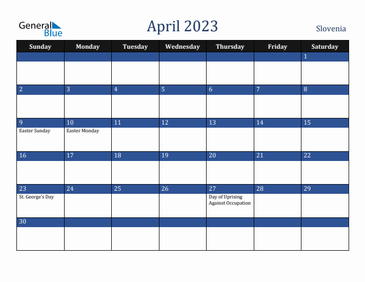 April 2023 Slovenia Calendar (Sunday Start)