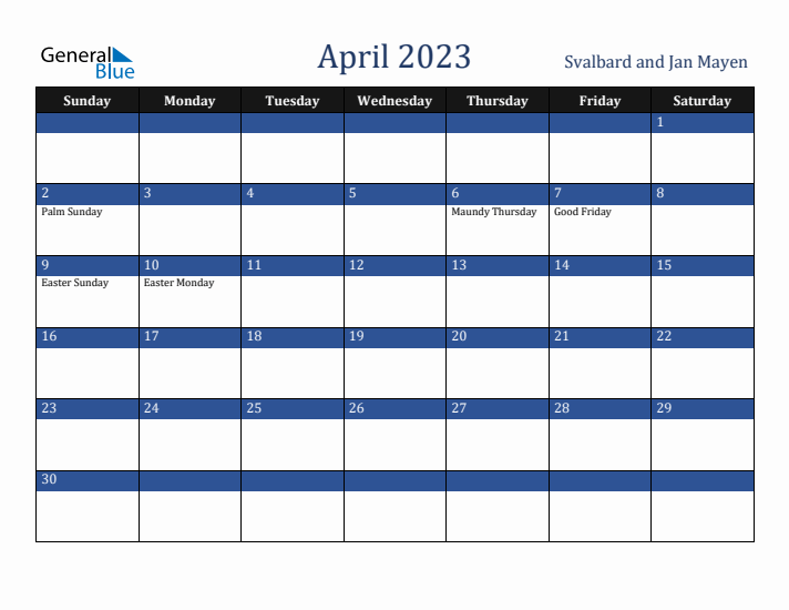 April 2023 Svalbard and Jan Mayen Calendar (Sunday Start)