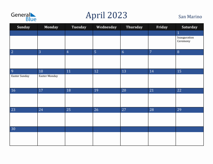 April 2023 San Marino Calendar (Sunday Start)