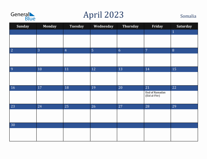 April 2023 Somalia Calendar (Sunday Start)