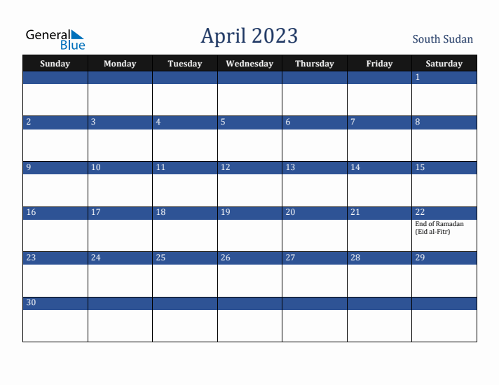April 2023 South Sudan Calendar (Sunday Start)
