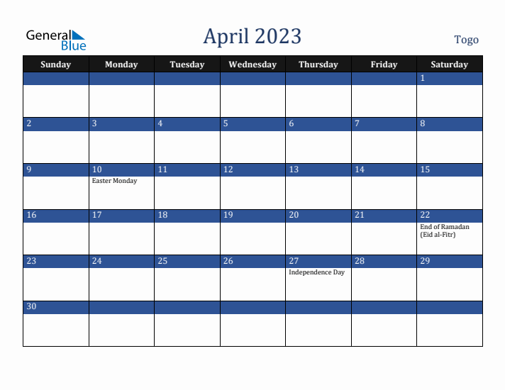 April 2023 Togo Calendar (Sunday Start)
