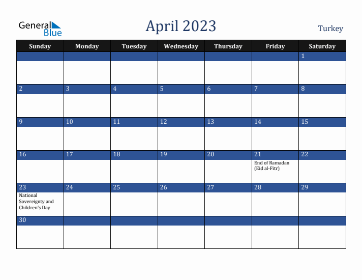 April 2023 Turkey Calendar (Sunday Start)