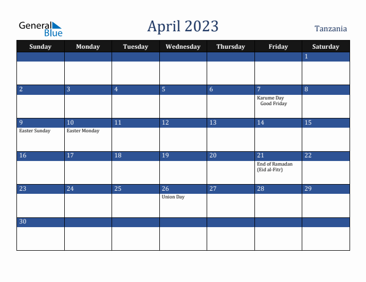 April 2023 Tanzania Calendar (Sunday Start)