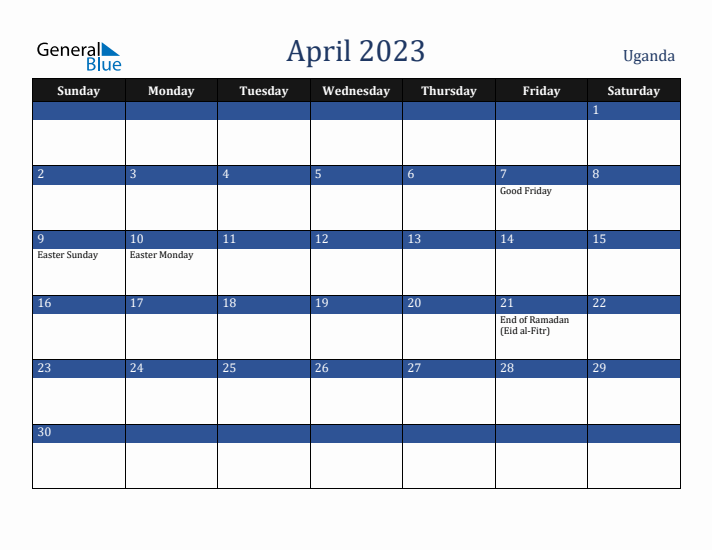 April 2023 Uganda Calendar (Sunday Start)