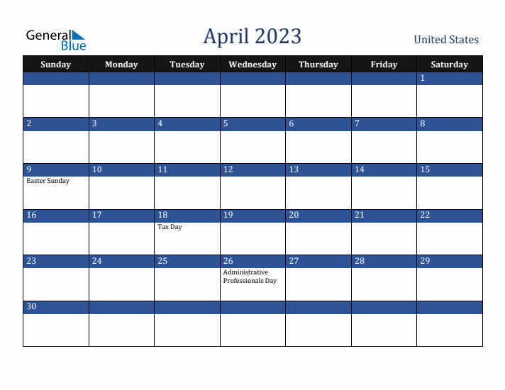 April 2023 United States Calendar (Sunday Start)