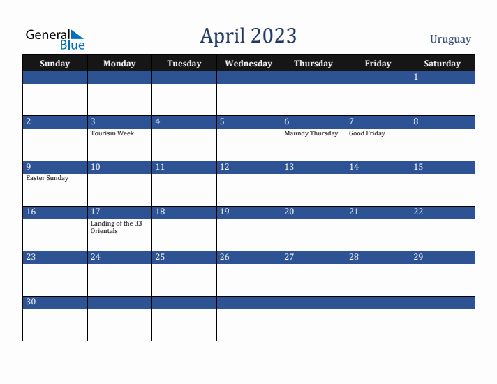 April 2023 Uruguay Calendar (Sunday Start)