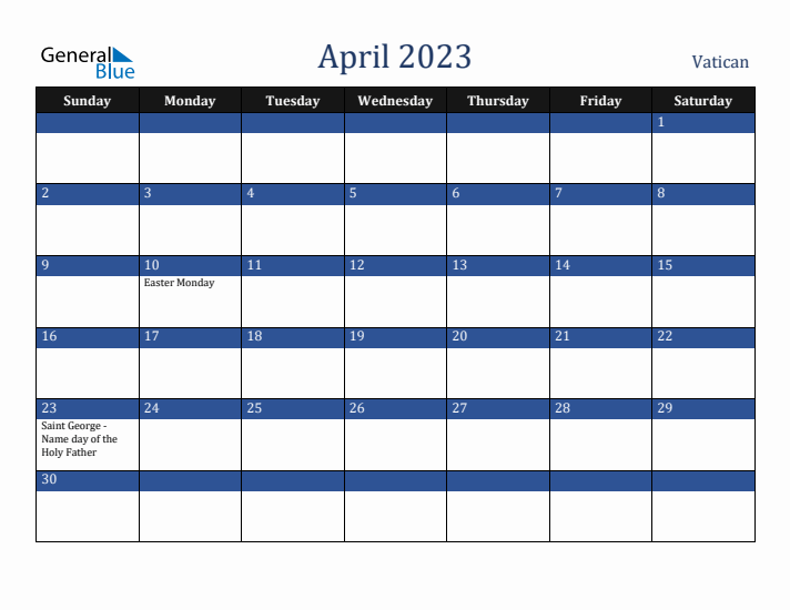 April 2023 Vatican Calendar (Sunday Start)