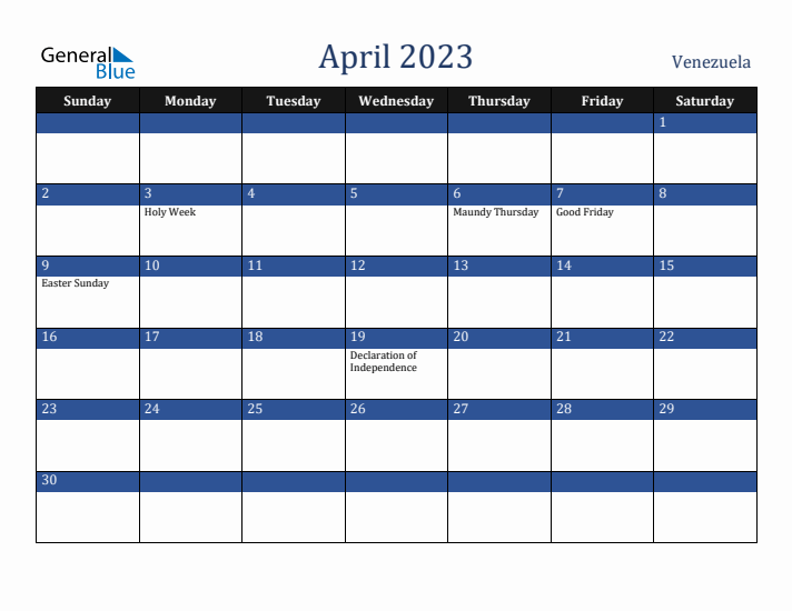 April 2023 Venezuela Calendar (Sunday Start)