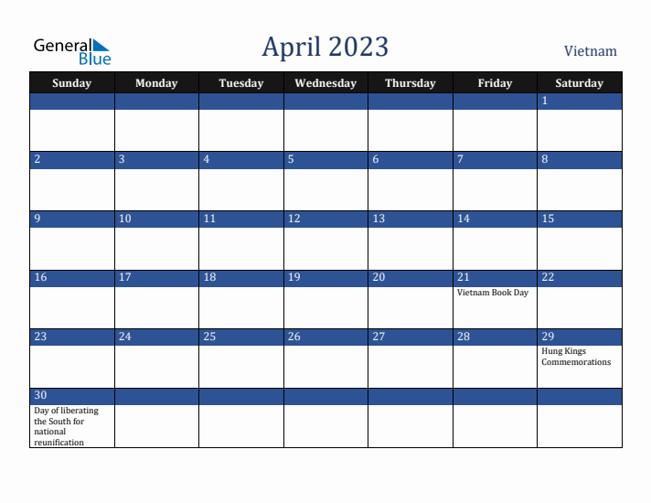 April 2023 Vietnam Calendar (Sunday Start)