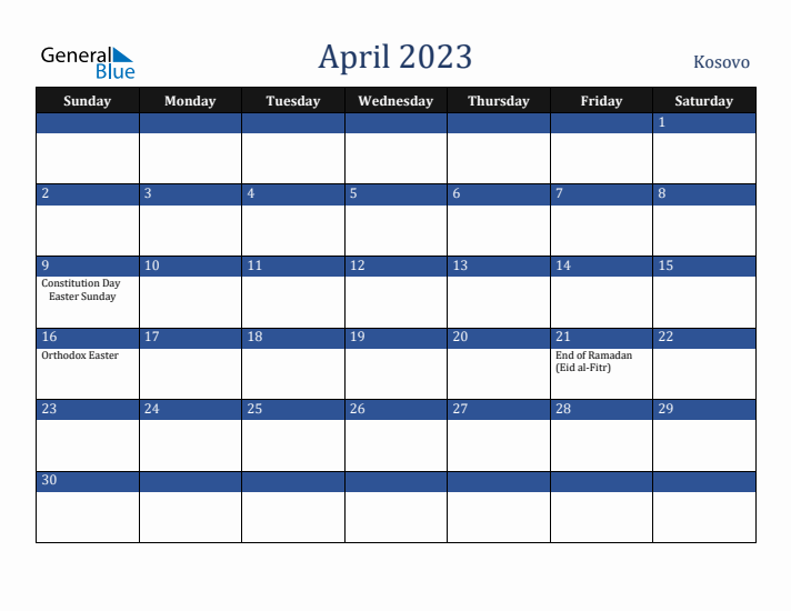 April 2023 Kosovo Calendar (Sunday Start)
