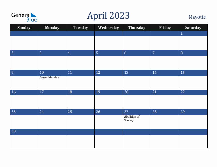 April 2023 Mayotte Calendar (Sunday Start)