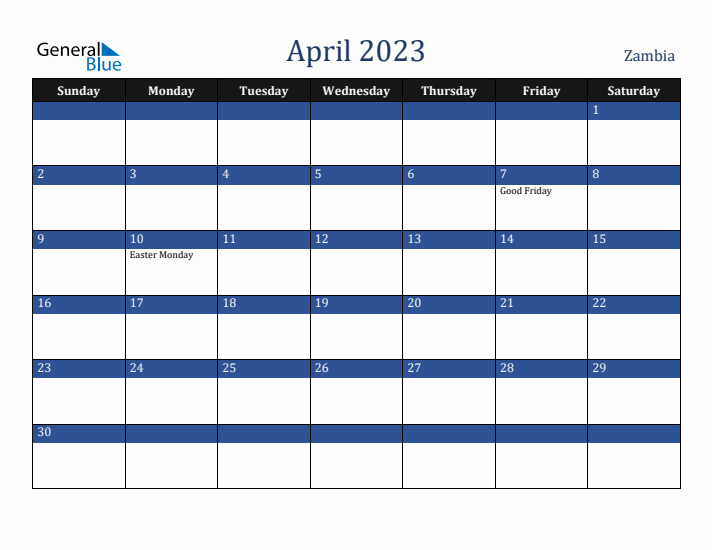 April 2023 Zambia Calendar (Sunday Start)