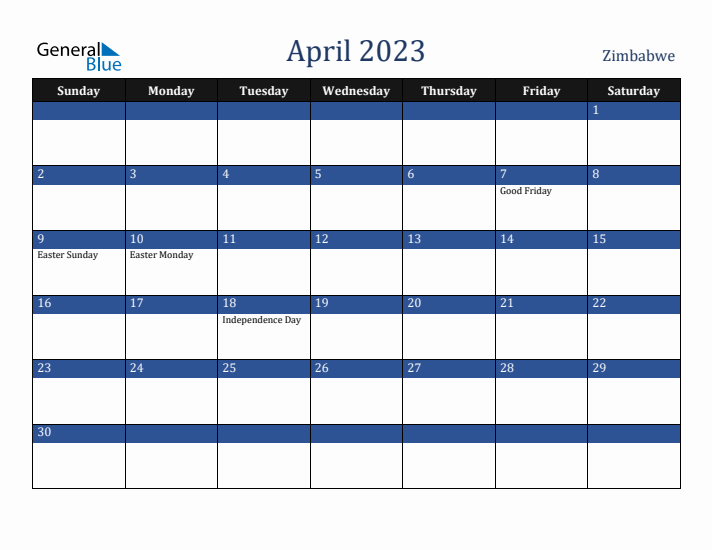 April 2023 Zimbabwe Calendar (Sunday Start)