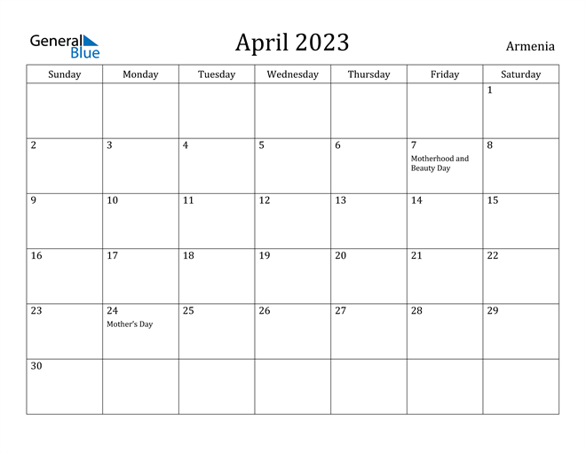 April 2023 Calendar Armenia