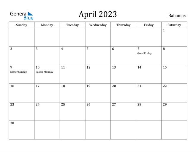 April 2023 Calendar with Bahamas Holidays