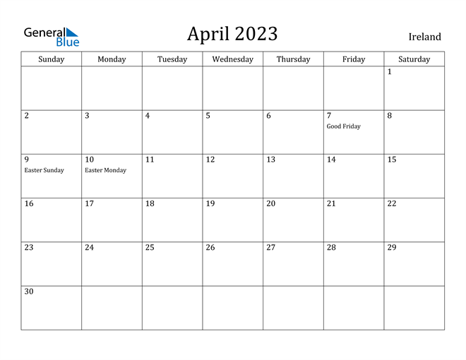 April 2023 Calendar with Ireland Holidays