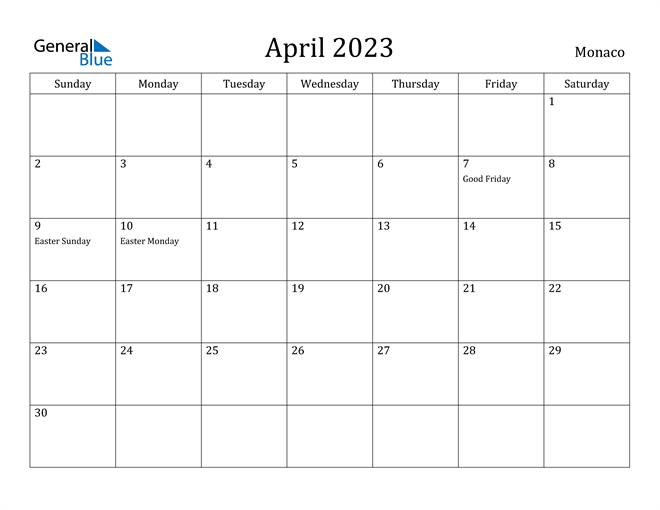April 2023 Calendar Monaco