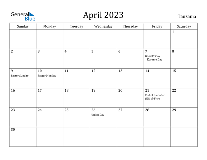 Tanzania April 2023 Calendar with Holidays