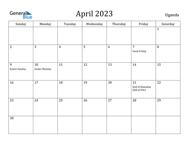 2023 Calendar Easter April 2023 Calendar With Uganda Holidays