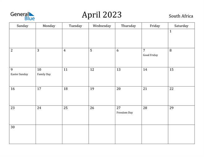 April 2023 Calendar With South Africa Holidays