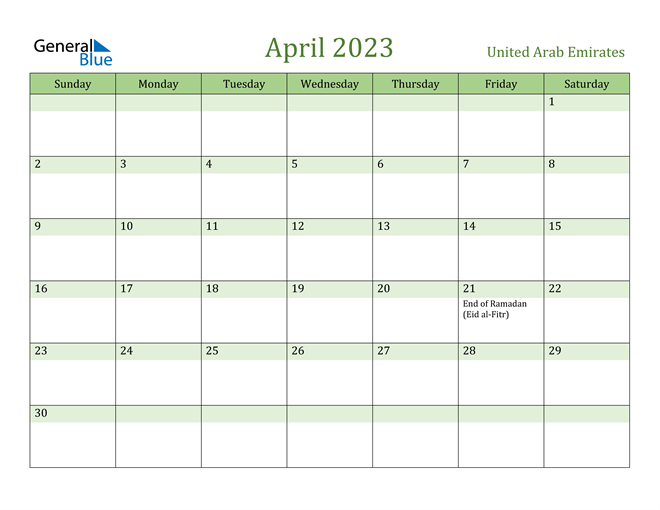 April 2023 Calendar With United Arab Emirates Holidays