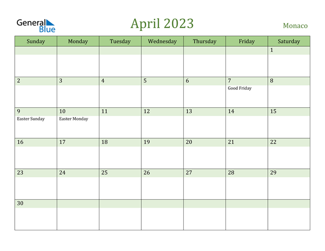 April 2023 Calendar with Monaco Holidays