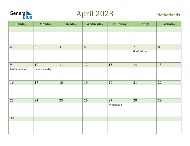 April 2023 Calendar with Netherlands Holidays