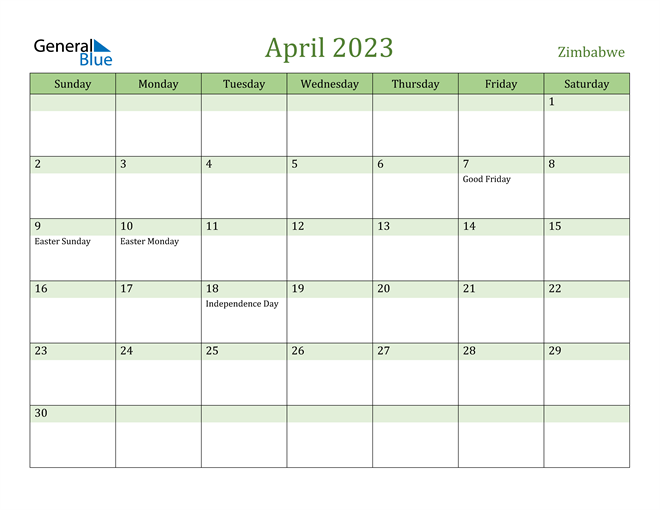 April 2023 Calendar with Zimbabwe Holidays